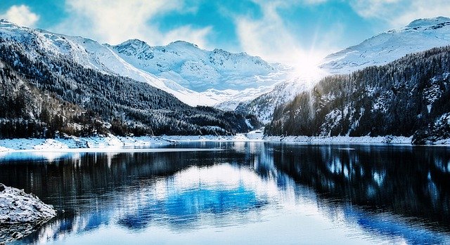 river in Switzerland surrounded by snowy mountains